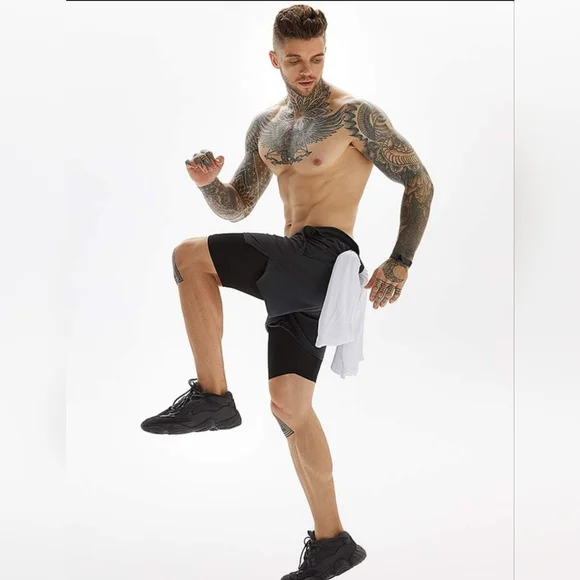 Shein Running Men Drawstring Waist 2 In 1 Sports Shorts With Phone Pocket L - Picture 3 of 4